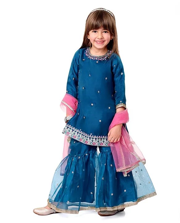 Babyhug Woven Three Fourth Sleeves Organza Embroidered Kurti Gharara & Dupatta Set with Tassle Detailing - Teal